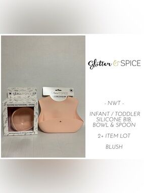 🆕GLITTER & SPICE - NWT - 2+PCS - BLUSH SILICONE BIB BOWL AND SPOON MEALTIME LOT